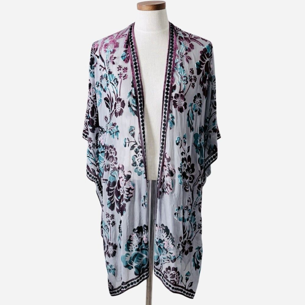 Vintage Burnout Velvet Floral Kimono Jacket One Size Lightweight Purple Gray OS